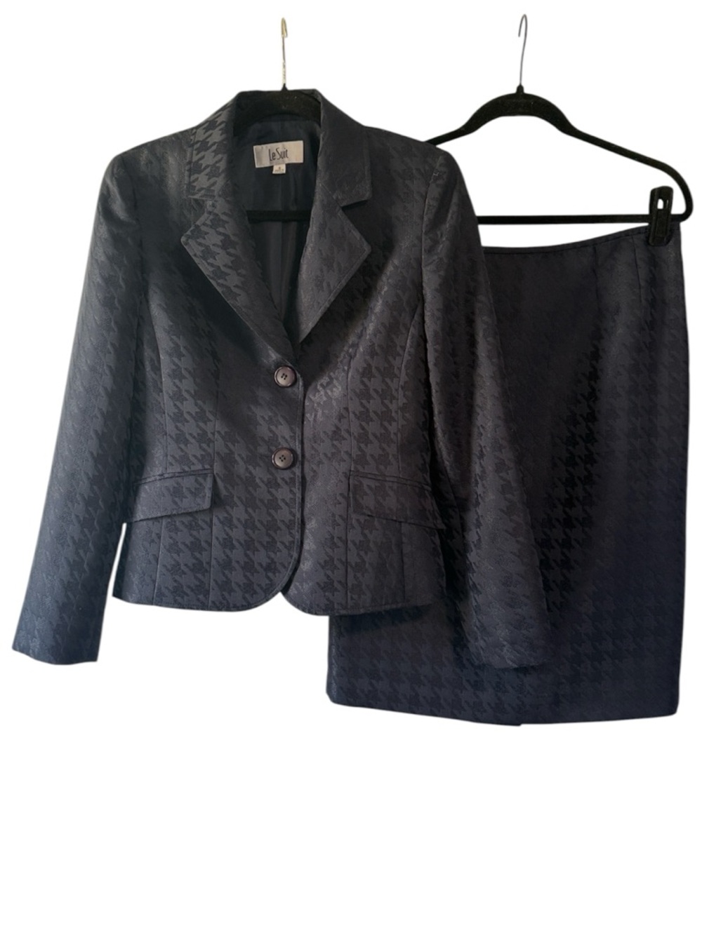 Le Suit Navy Blue Houndstooth Blazer and Skirt Set